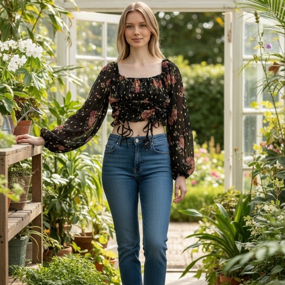 Lily Star Tops - Lily Star Black Floral Square-Neck Cropped Top